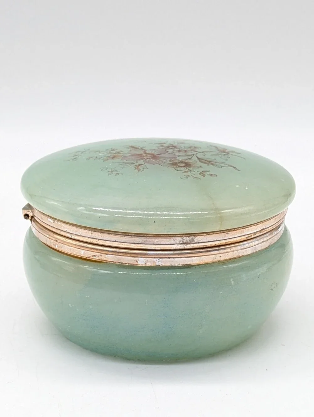 Vintage Green Floral Hand Carved Alabaster Hinged Trinket Dish